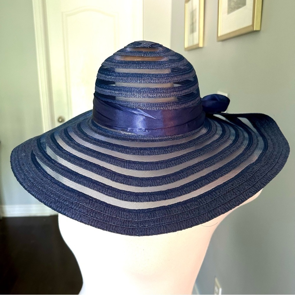 Navy Blue Wide Brim Spring Derby Hat with Satin Ribbon